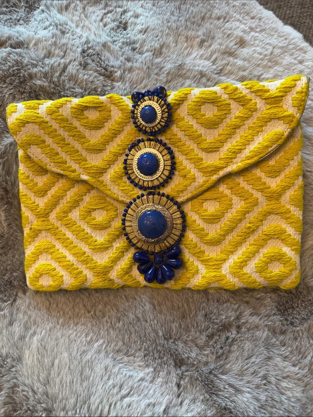 Steve Madden Yellow Beaded Envelope Crossbody Bag with Blue Accent